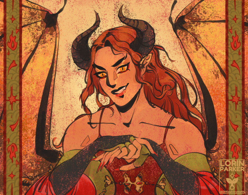 A character with horns and wings smiling mischeviously at the viewer.